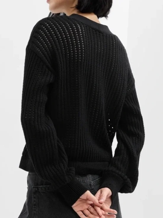 GAP Crochet Cardigan Sweater Black Open Knit Beachy Oversized Button Up Size L - Picture 5 of 16